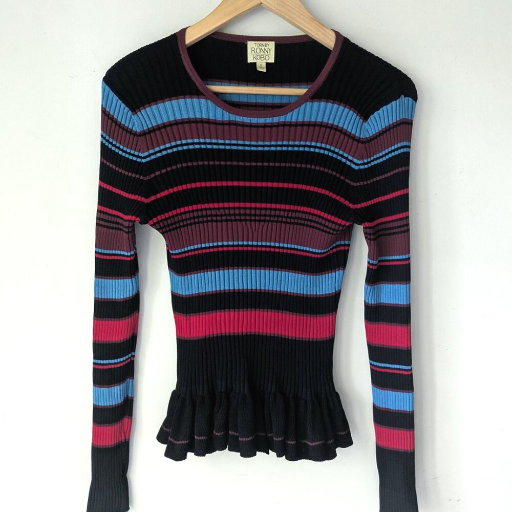 Torn by Ronny Kobo Bold Striped Peplum Knit Top